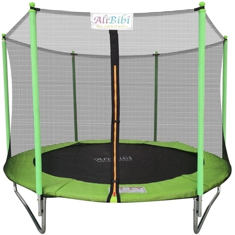 Trambulina AliBibi Fun 608, diametru 244 cm, plasa de protectie PE verde, scara, suprafata de sarit neagra, stalpi si arcuri otel galvanizat