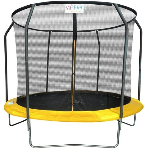 Trambulina AliBibi Fun 706, diametru 183 cm, plasa de siguranta PE, scara, 36 arcuri galvanizate, cadru 50 cm, stalpi spuma EPE, galben