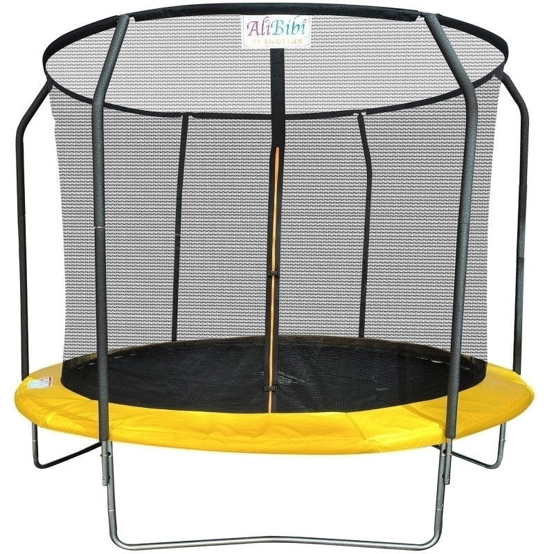 Trambulina AliBibi Fun 706, diametru 183 cm, plasa de siguranta PE, scara, 36 arcuri galvanizate, cadru 50 cm, stalpi spuma EPE, galben