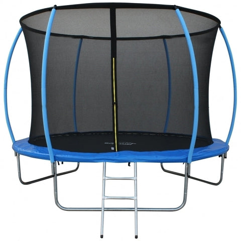 Trambulina DeHome Jumper 3008, diametru 244 cm, cu plasa de siguranta inalta de 163 cm, scara inclusa, stalpi curbati tip pampkin, structura otel